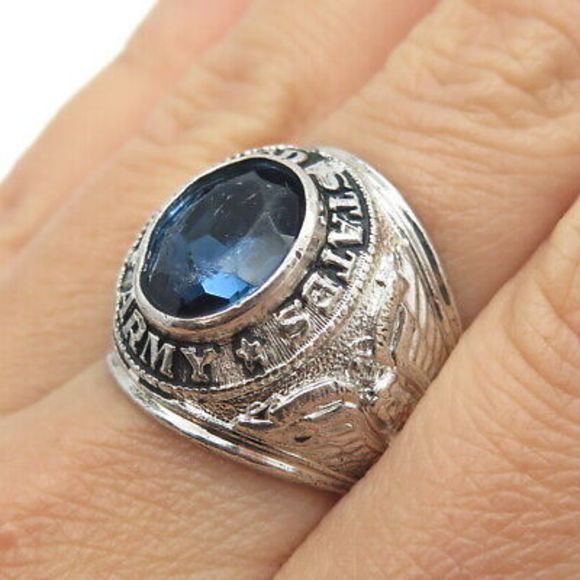 CREST CRAFT 925 Sterling Silver Antique Art Deco Blue Glass US Army Ring Size 8 - Picture 2 of 9